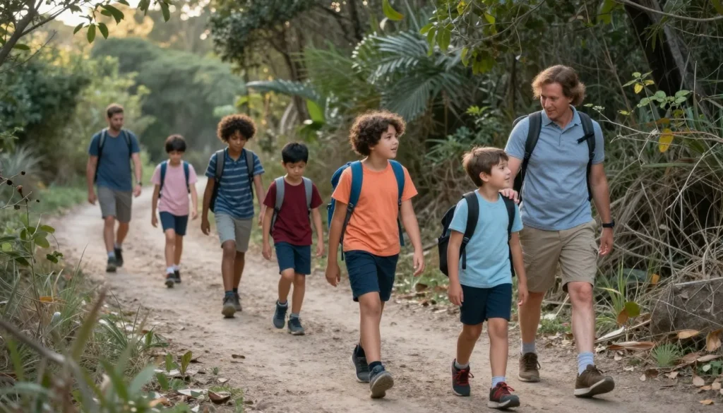 Family hiking together on easy trail section Family hiking together on easy trail section