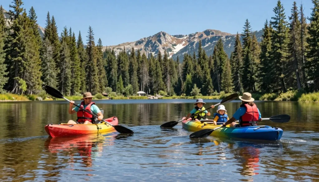 Family kayaking on calm Shadow Mountain Lake waters with mountain reflections