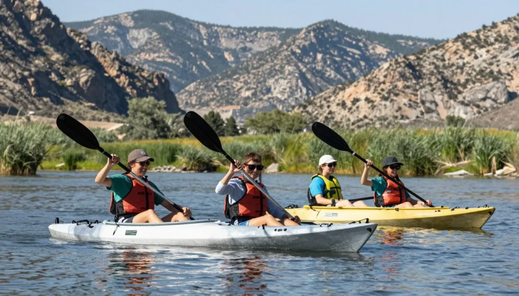 Family kayaking on calm South Platte River section