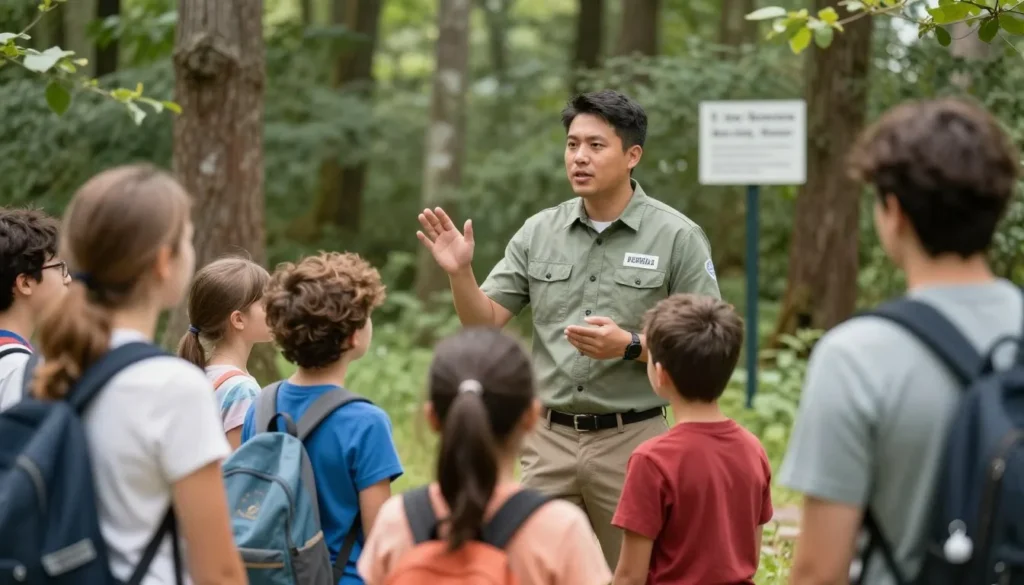 Family learning about wilderness safety at mountain park Family learning about wilderness safety at mountain park