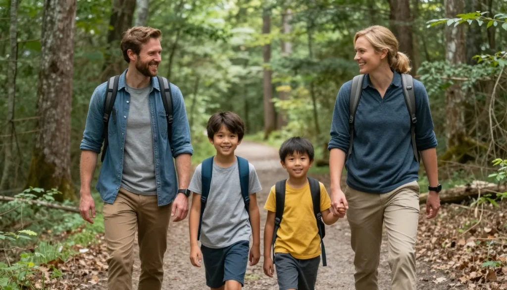Family of four hiking through Tennessee forest trails