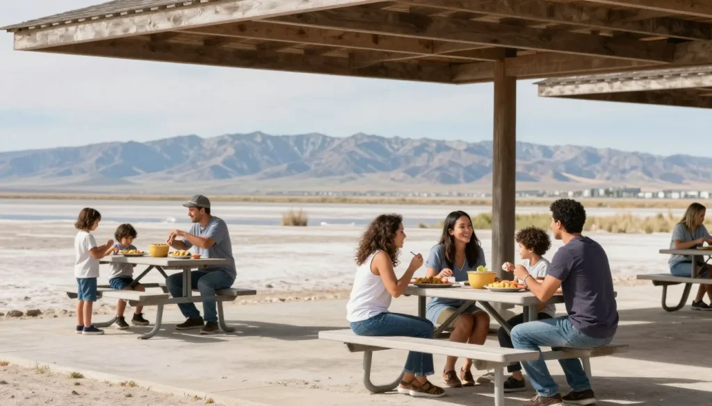 Family picnic setup at Great Salt Lake State Park with children playing nearby Family picnic setup at Great Salt Lake State Park with children playing nearby