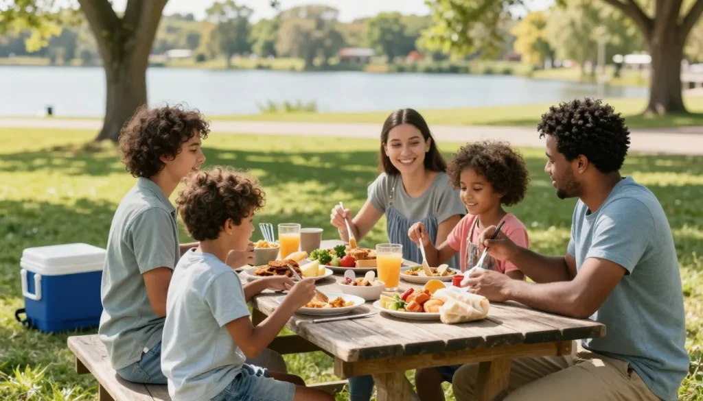 Family picnicking at park table with home-packed food