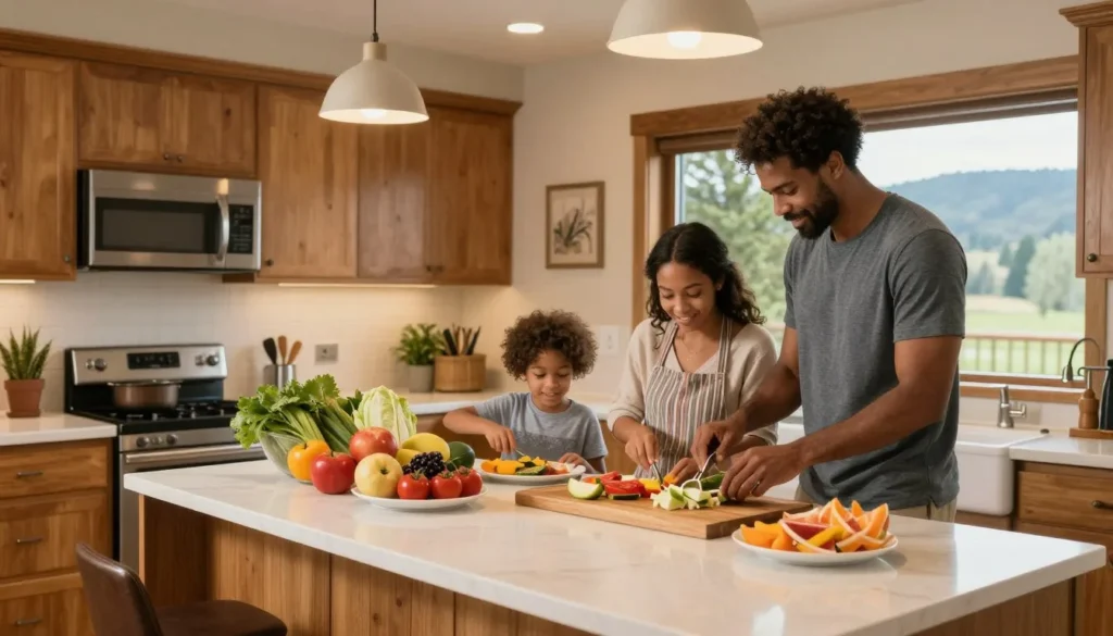 Family preparing affordable home-cooked meal at vacation rental near Eagle Point Family preparing affordable home-cooked meal at vacation rental near Eagle Point
