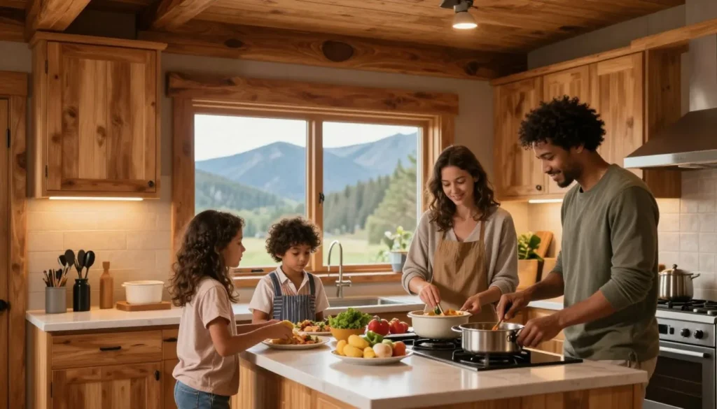 Family preparing meal in vacation rental cabin near Cedar Island