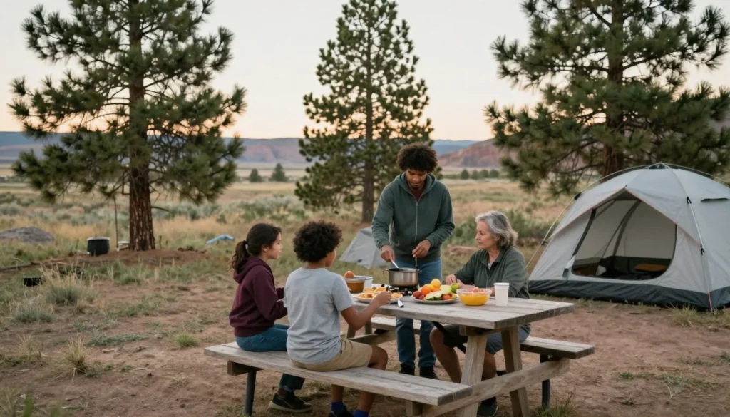 Family preparing outdoor meal at Flaming Gorge campsite