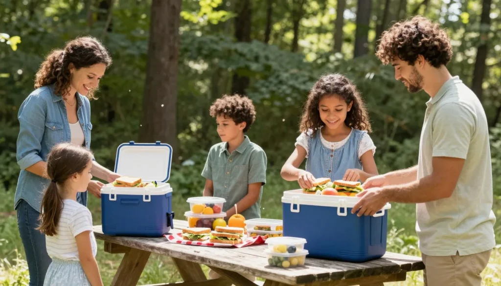 Family preparing picnic lunch at outdoor table with homemade food