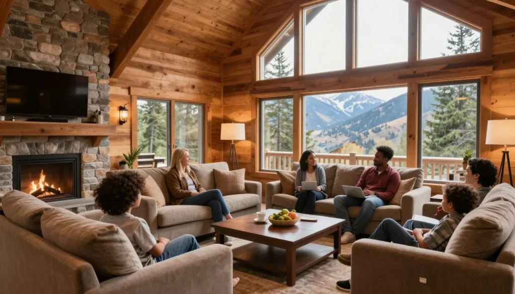 Family vacation rental cabin interior with diverse family relaxing together