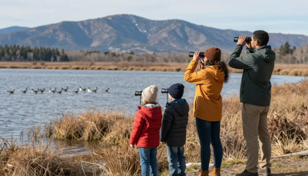Family wildlife watching at Ruby Lake with binoculars observing marsh birds safely