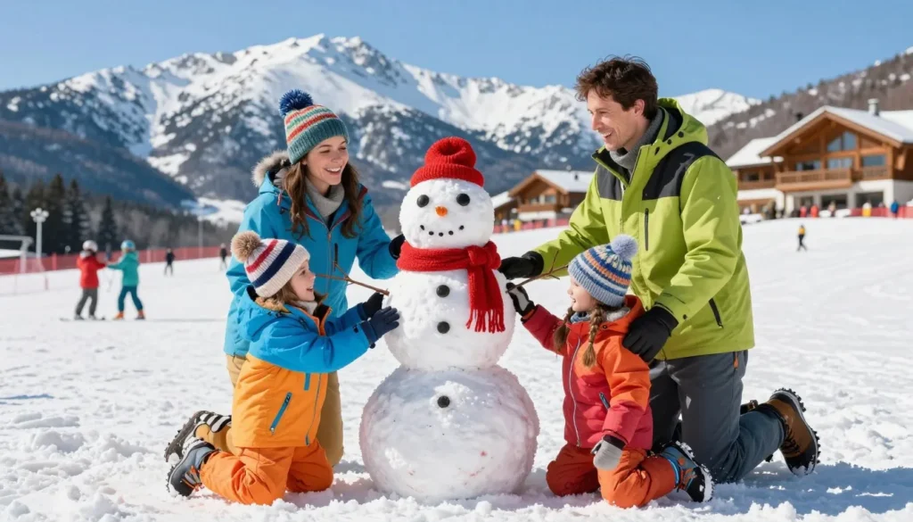 Family with children building snowman at mountain resort on sunny day