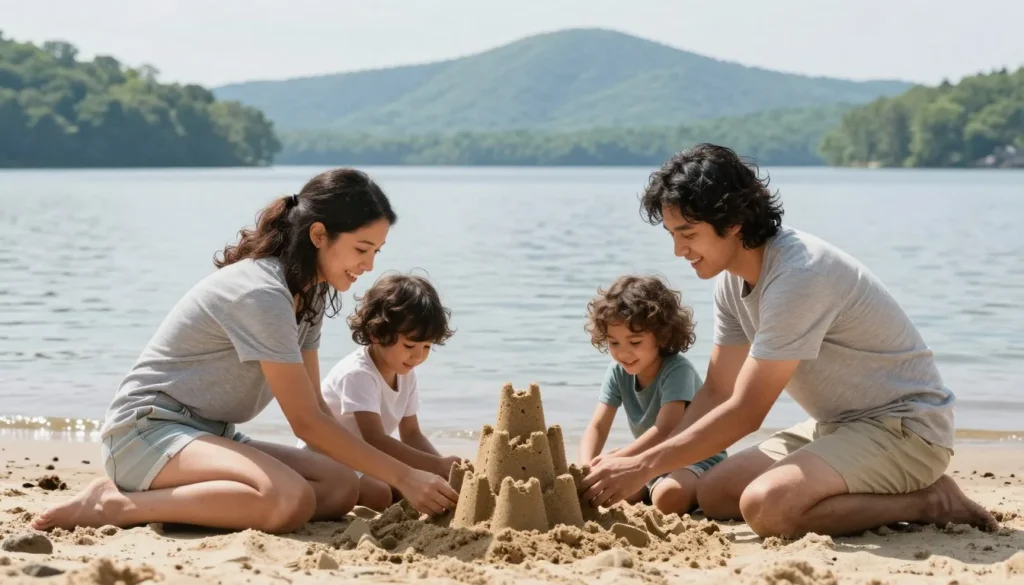 Family with children enjoying beach activities at Cherokee Lake Tennessee