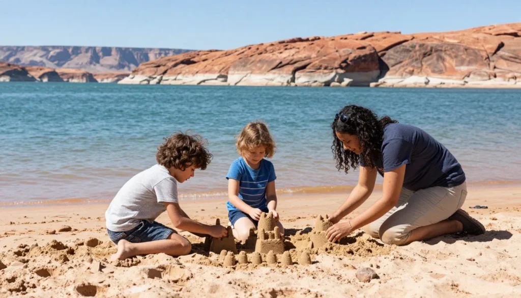Family with children enjoying beach activities at Flaming Gorge