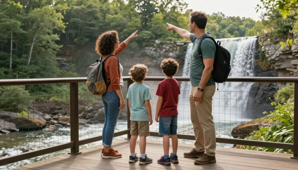 Family with children enjoying nature at Burgess Falls Tennessee overlook