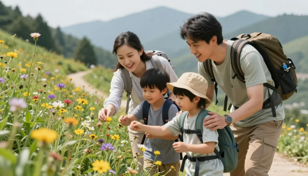 Family with children enjoying outdoor activities in mountain setting