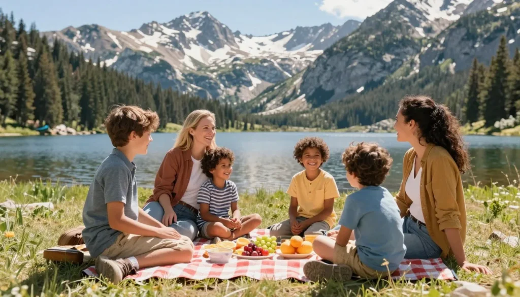 Family with children enjoying outdoor picnic near lake with mountain scenery in Great Basin