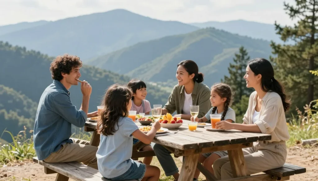 Family with children enjoying picnic at scenic overlook on Cherohala Skyway