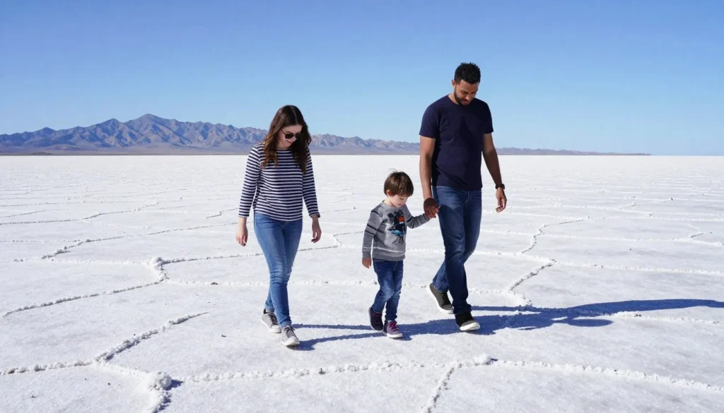 Family with children exploring Bonneville salt flats