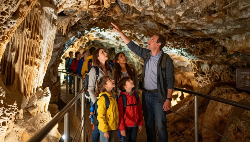 Family with children exploring Bristol Caverns on guided tour with formations visible