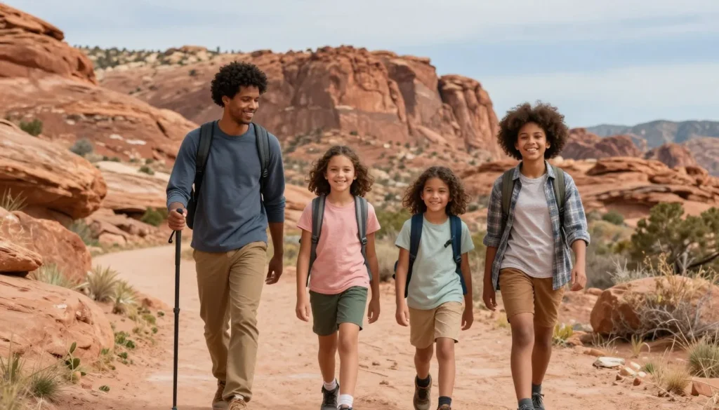 Family with children exploring Grand Staircase–Escalante on easy trail Family with children exploring Grand Staircase–Escalante on easy trail
