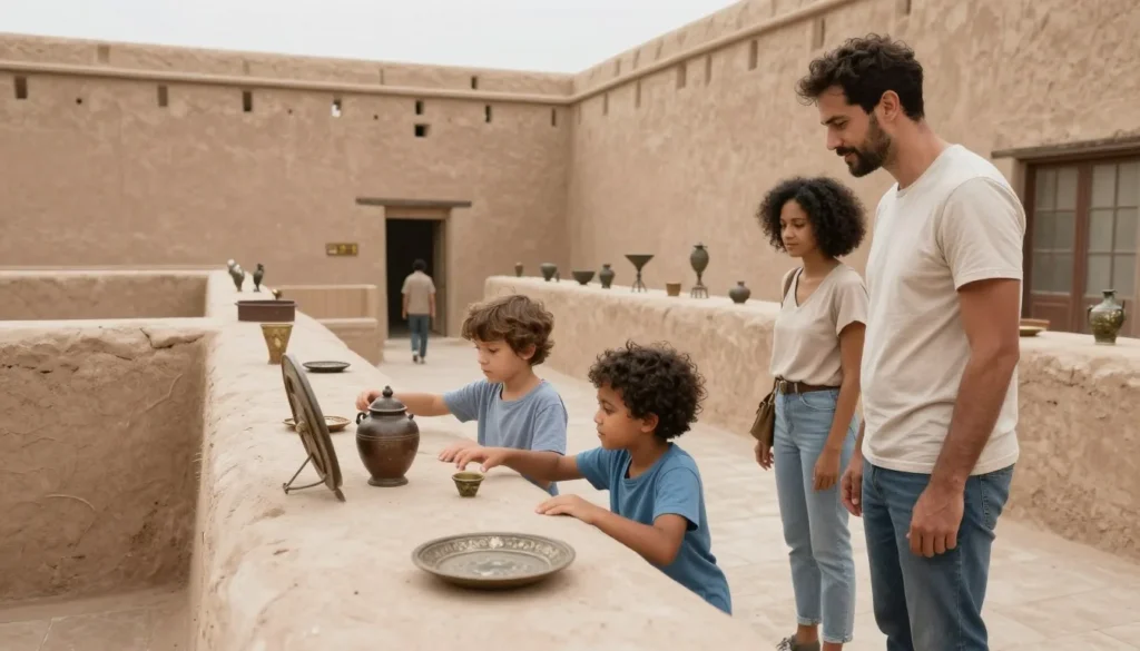 Family with children exploring historic fort exhibits Family with children exploring historic fort exhibits