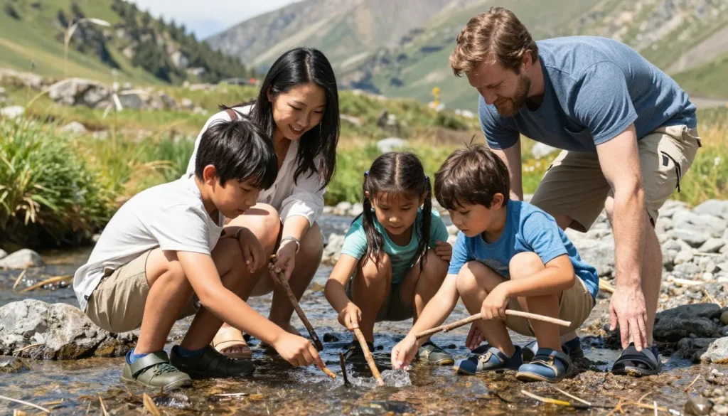 Family with children exploring mountain stream