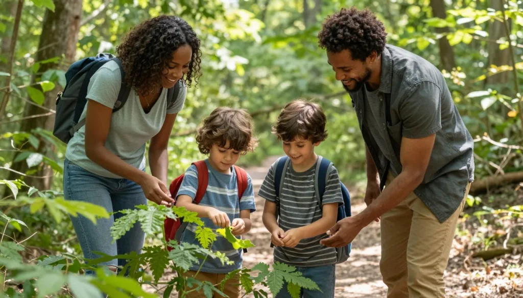 Family with children exploring nature trail and examining leaves