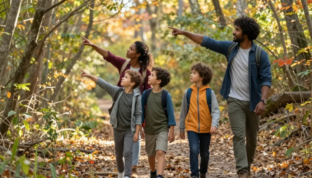 Family with children exploring nature trail at Tennessee wildlife refuge