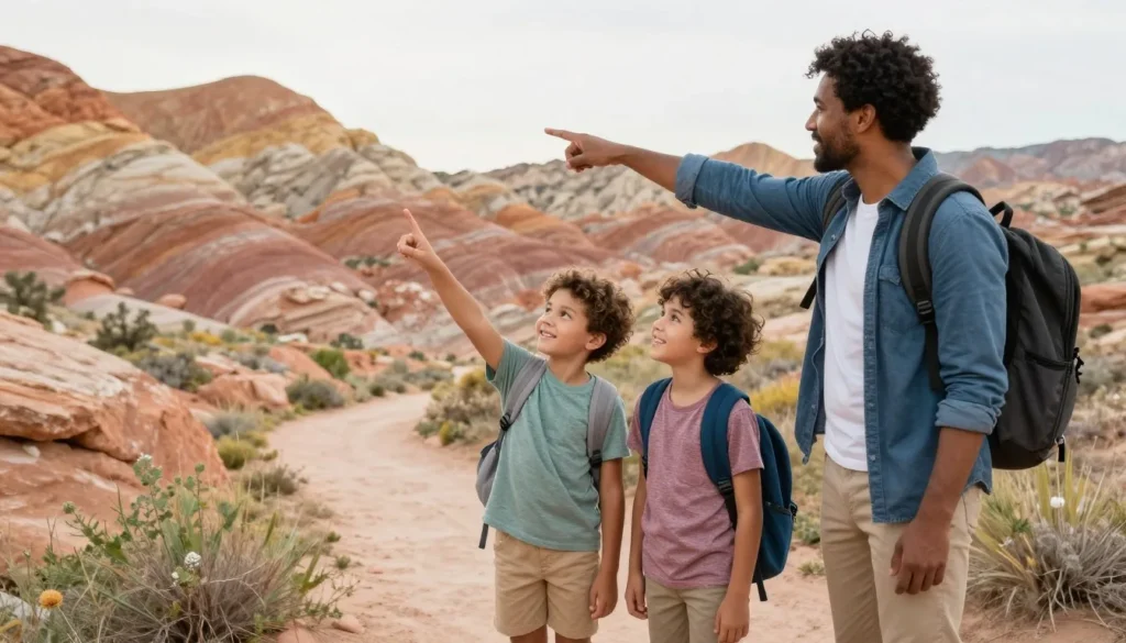 Family with children exploring nature trail in Grand Staircase with colorful rock formations