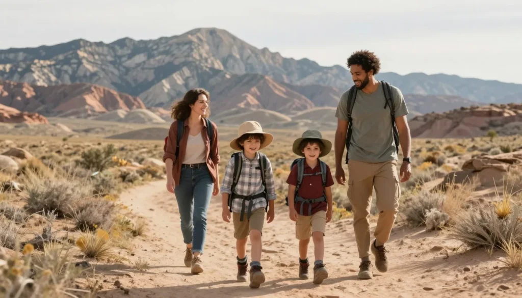Family with children hiking on easy desert trail with mountains in background Family with children hiking on easy desert trail with mountains in background