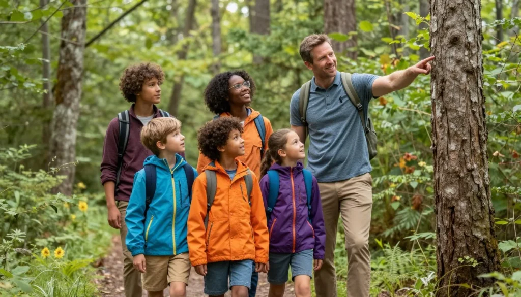 Family with young children exploring nature on easy trail in Great Smoky Mountains with parent pointing out wildlife Family with young children exploring nature on easy trail in Great Smoky Mountains with parent pointing out wildlife