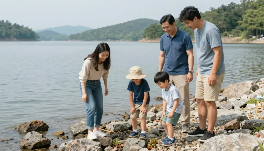 Family with young children exploring shoreline and examining rocks Family with young children exploring shoreline and examining rocks