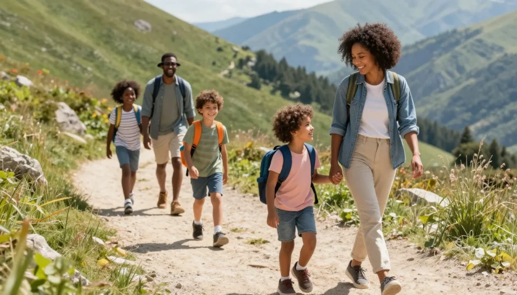 Family with young children hiking mountain trail together with backpacks enjoying nature on sunny day Family with young children hiking mountain trail together with backpacks enjoying nature on sunny day
