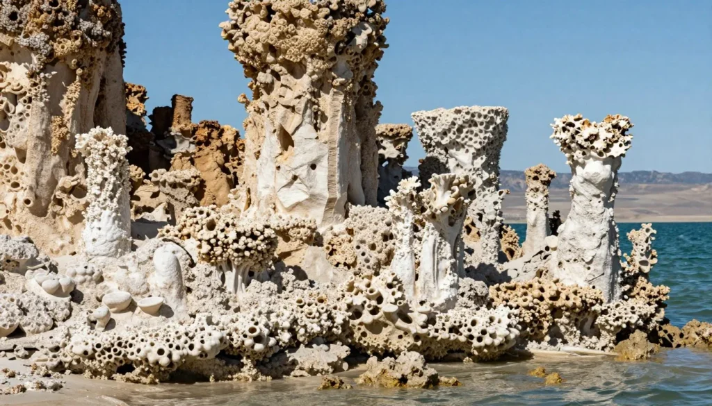 Famous Popcorn Rock tufa formations at Pyramid Lake Nevada close up view