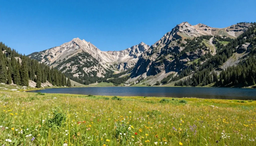 Fish Lake valley with mountain backdrop and clear skies Fish Lake valley with mountain backdrop and clear skies