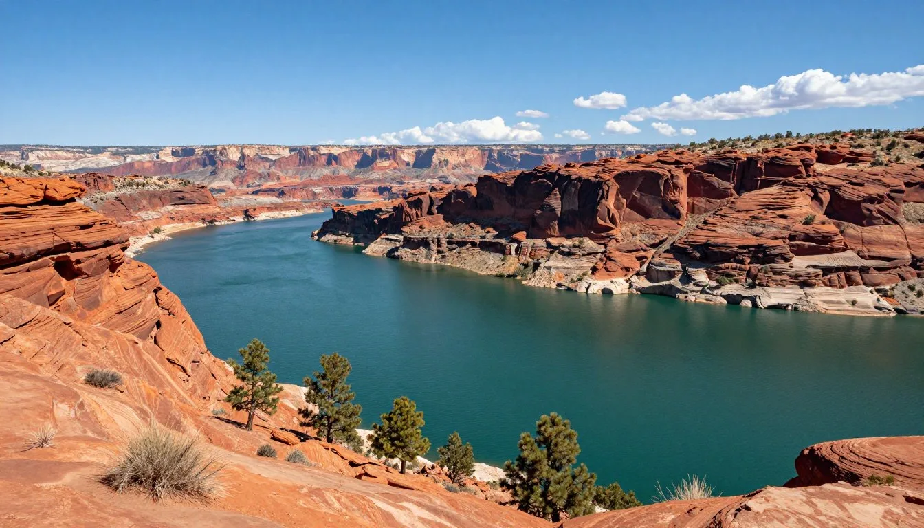 Flaming Gorge Reservoir Utah surrounded by red canyon walls with crystal clear turquoise water