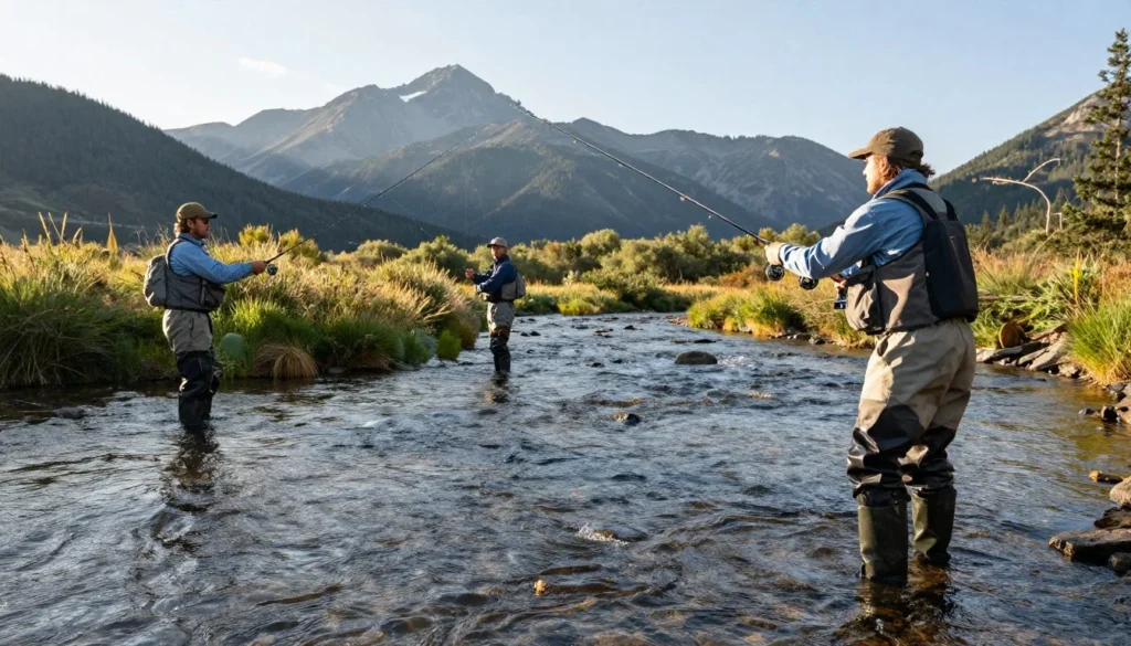 Fly fisherman casting in mountain stream with Bear River Range behind