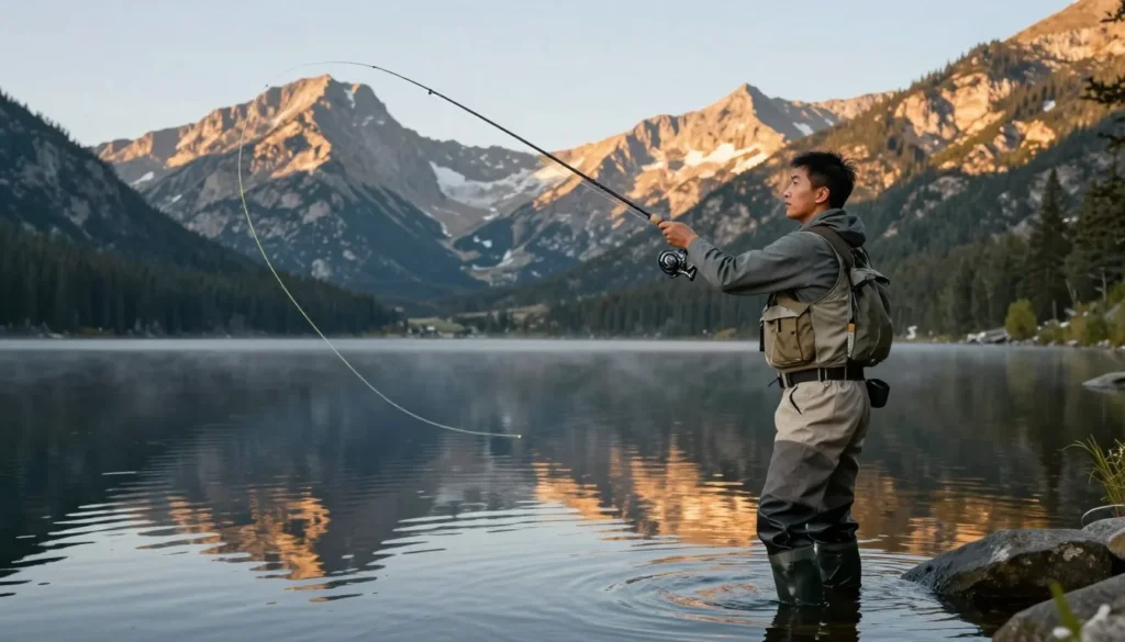 Fly fishing at Spinney Mountain with angler casting Fly fishing at Spinney Mountain with angler casting