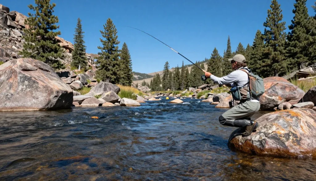 Fly fishing on South Platte River with angler casting in clear water