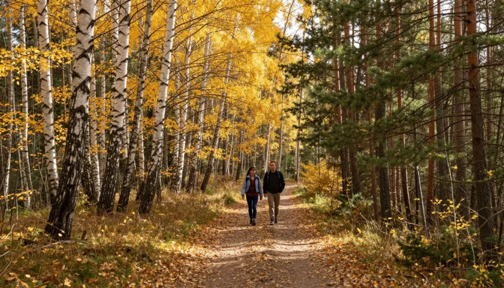 Forest hiking trail through birch and pine woods in autumn