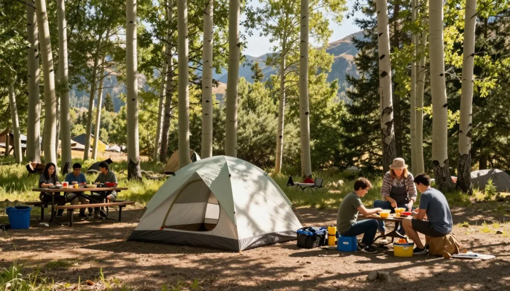 Forest service campsite with tent among aspen trees