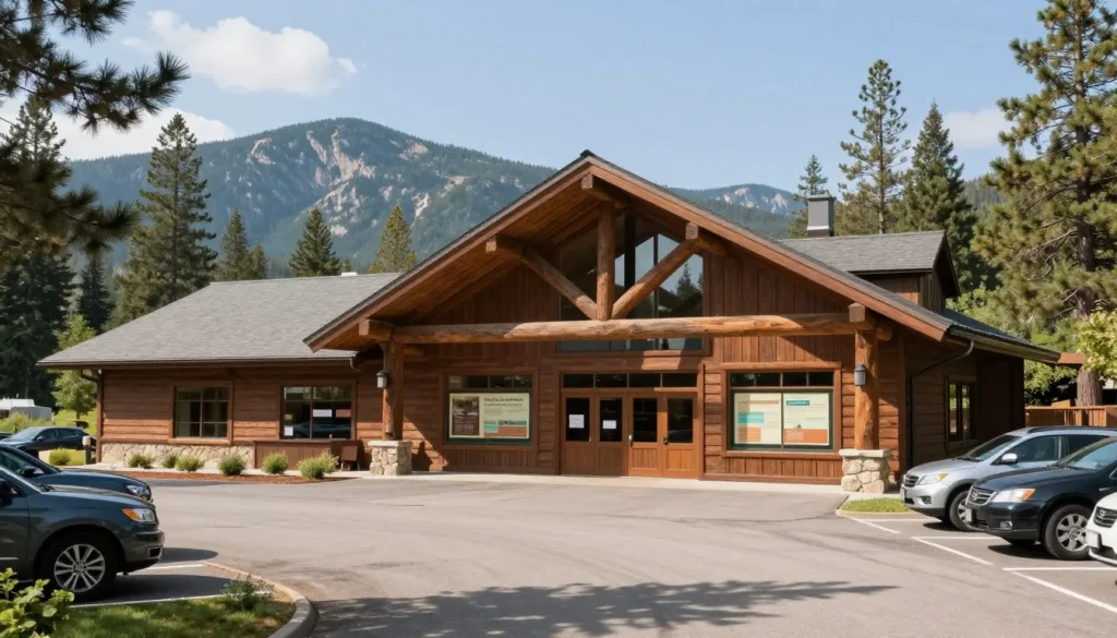 Forest service visitor center building with parking area and mountain backdrop Forest service visitor center building with parking area and mountain backdrop