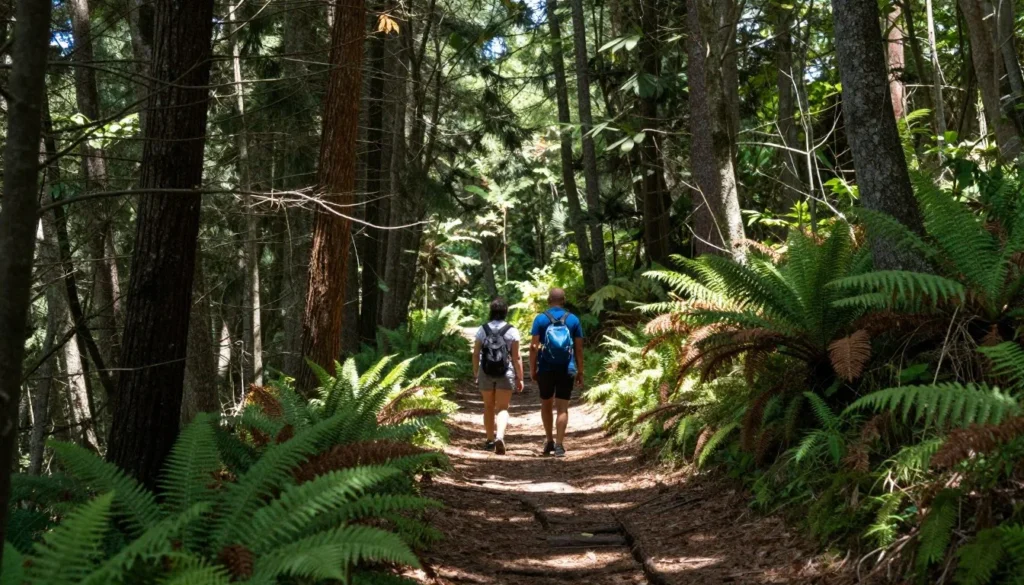 Forest trail winding through tall cedar trees with hikers enjoying nature
