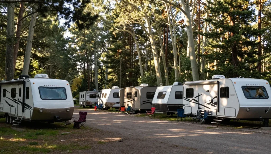 Forested campground with RVs among trees Forested campground with RVs among trees
