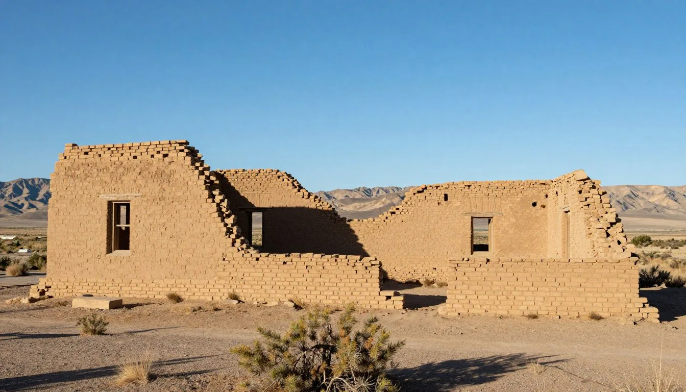 Fort Churchill Ruins Nevada adobe structures standing against blue sky with desert landscape