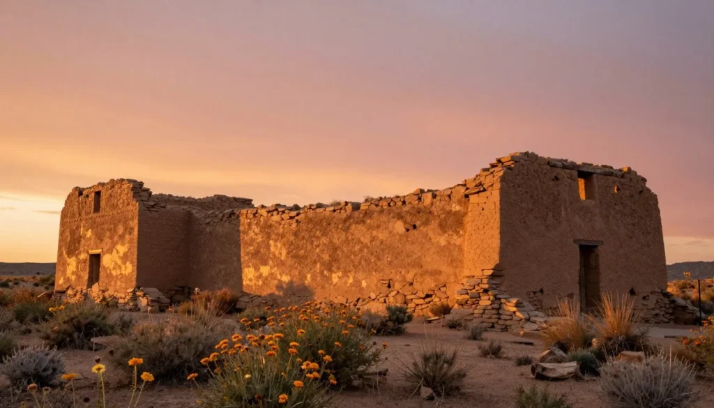 Fort Churchill adobe ruins during golden hour with warm sunlight on historic structures