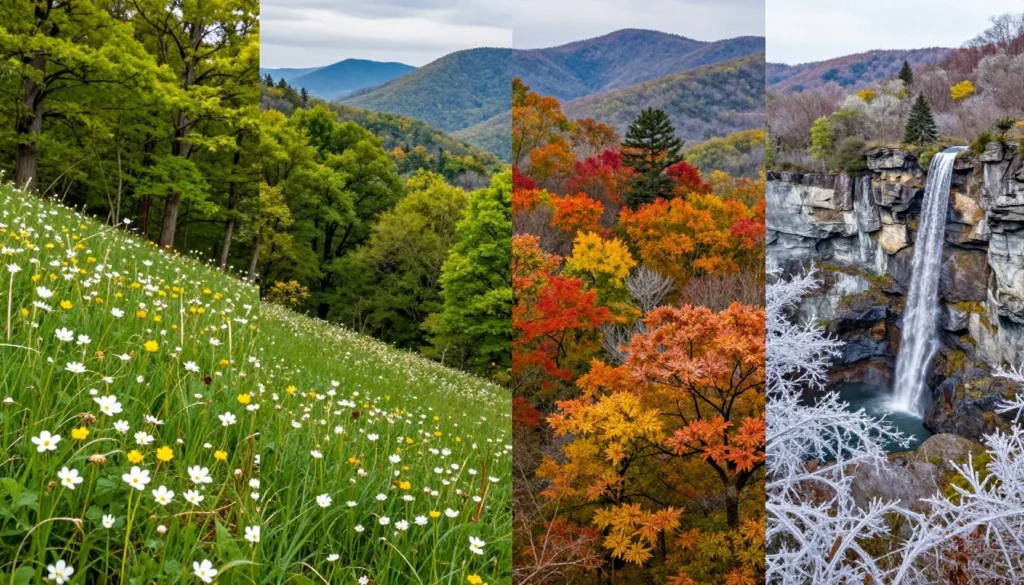 Four seasons collage showing Abrams Falls area in spring wildflowers, summer green, autumn colors, and winter frost Four seasons collage showing Abrams Falls area in spring wildflowers, summer green, autumn colors, and winter frost