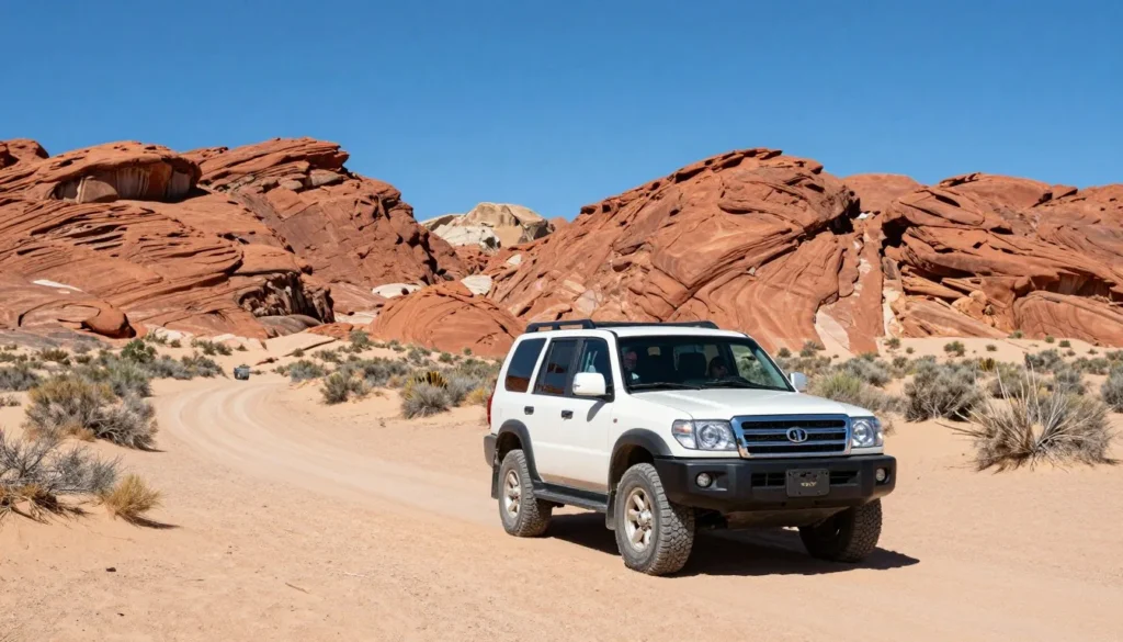 Four-wheel drive vehicle on desert trail in Gold Butte
