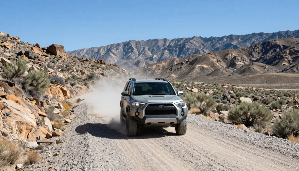 Four-wheel-drive vehicle on the gravel road approaching Mount Lewis through high desert terrain Four-wheel-drive vehicle on the gravel road approaching Mount Lewis through high desert terrain