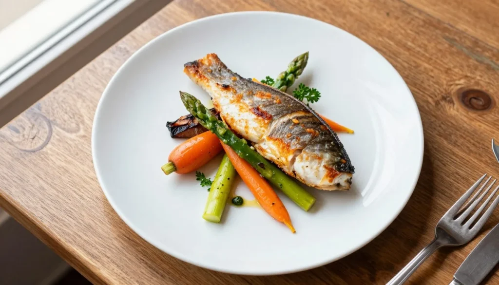 Fresh Colorado cuisine featuring grilled trout with seasonal vegetables and locally sourced ingredients on rustic wooden table