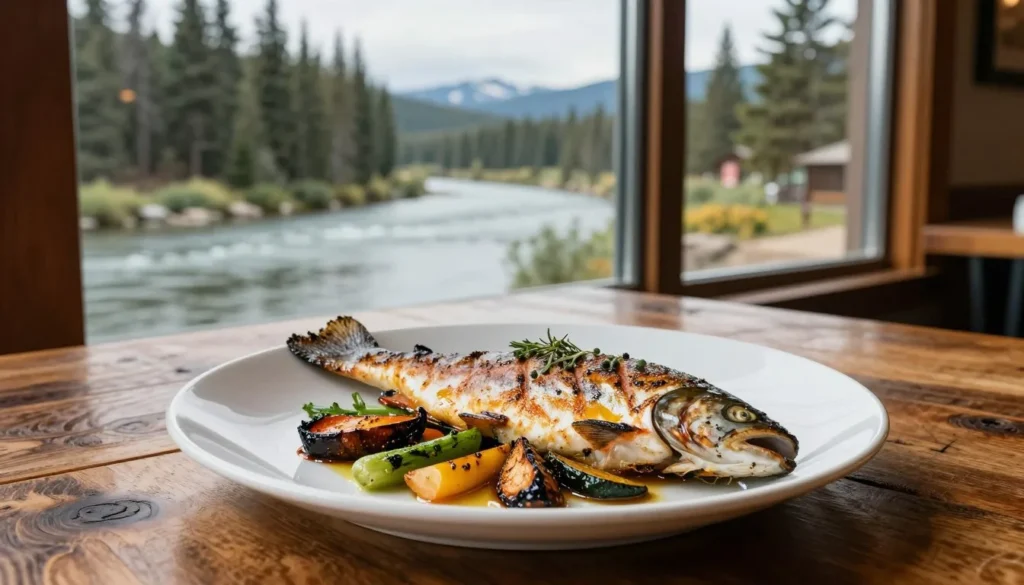 Fresh Colorado trout meal served at riverside restaurant with mountain views